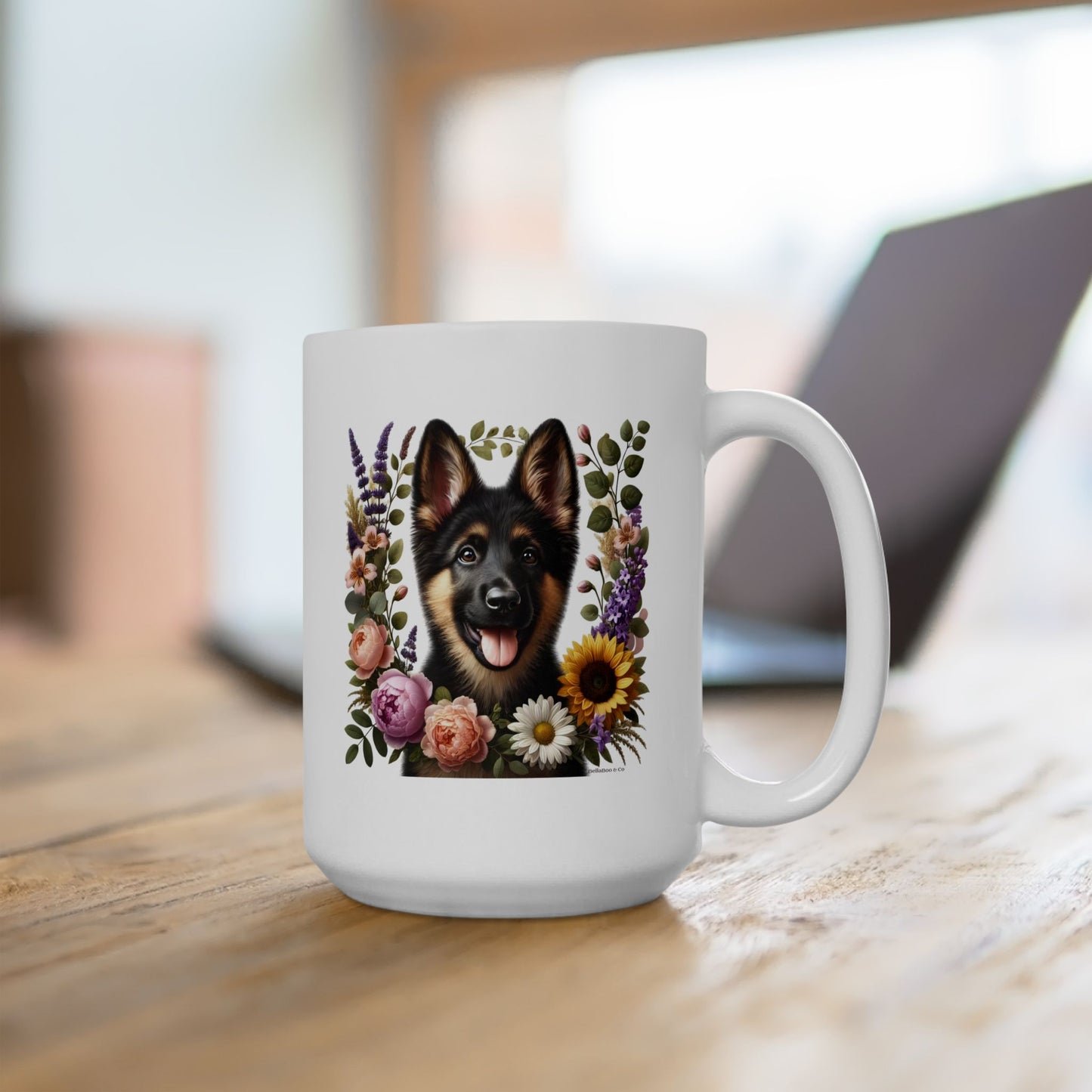 Spring Black & Tan German Shepherd Floral Ceramic Mug