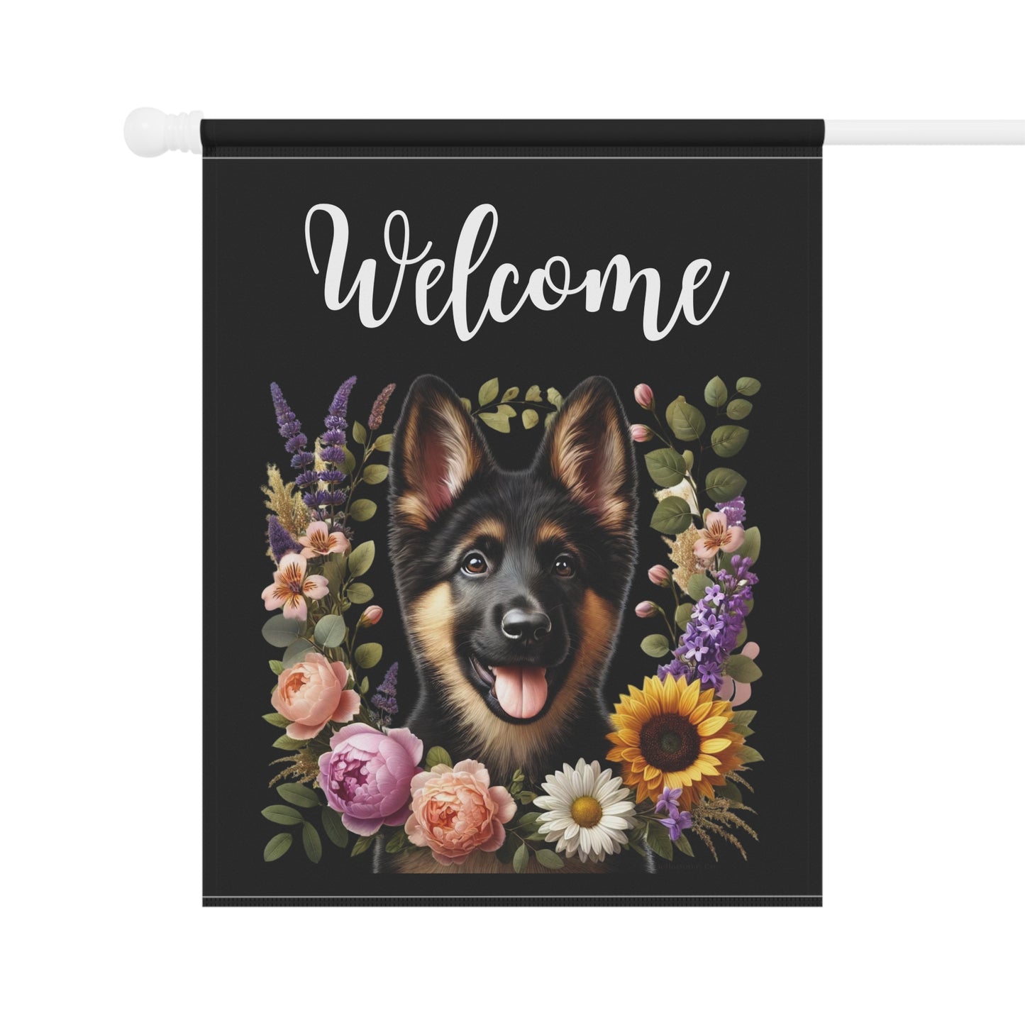 German Shepherd Puppy "Welcome" Garden Flag – Spring Floral