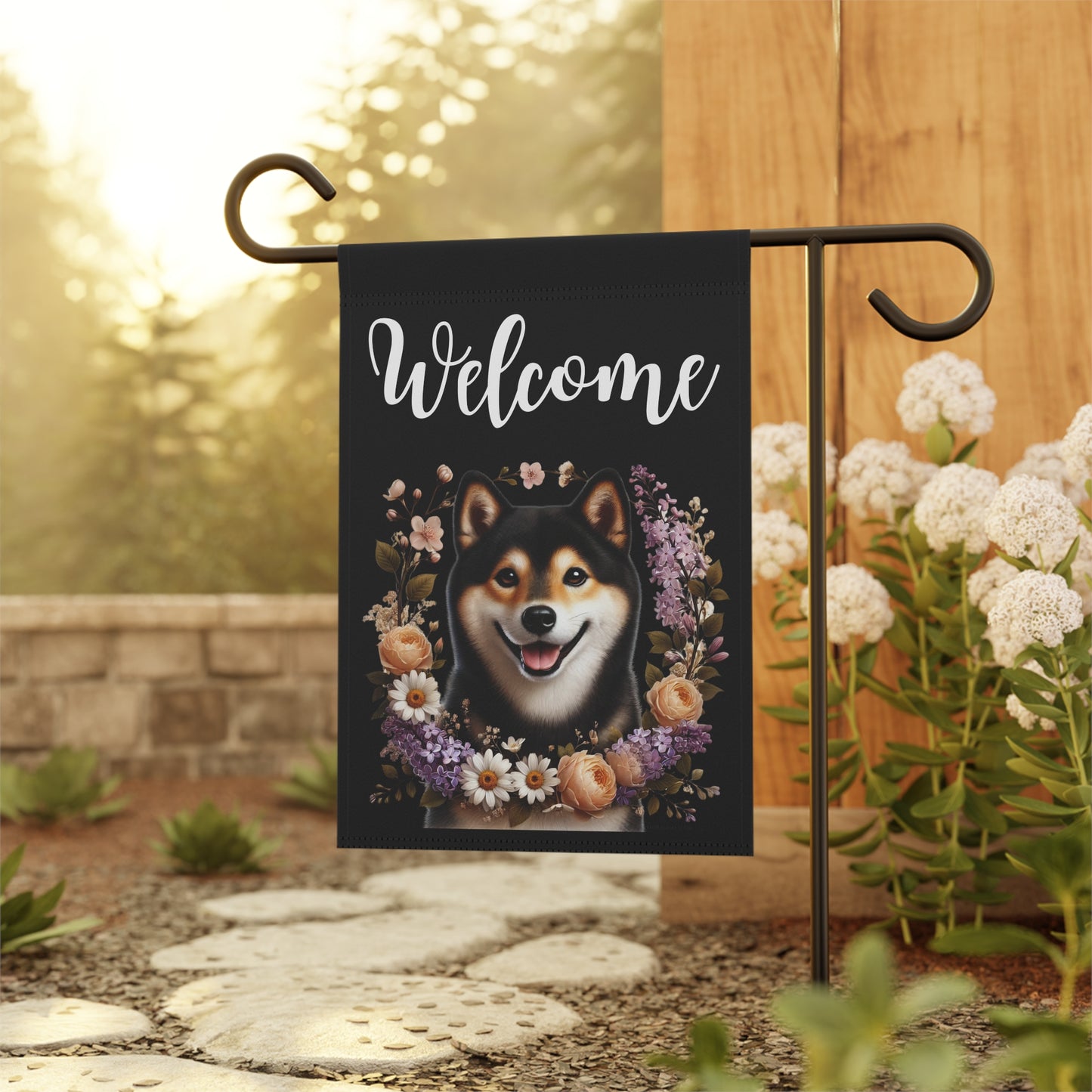 Shiba Inu "Welcome" Garden Flag – Spring Floral