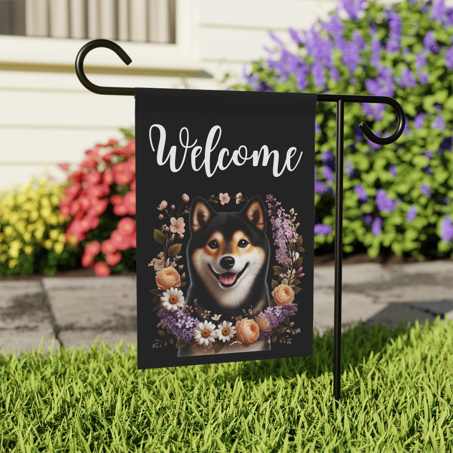 Shiba Inu "Welcome" Garden Flag – Spring Floral