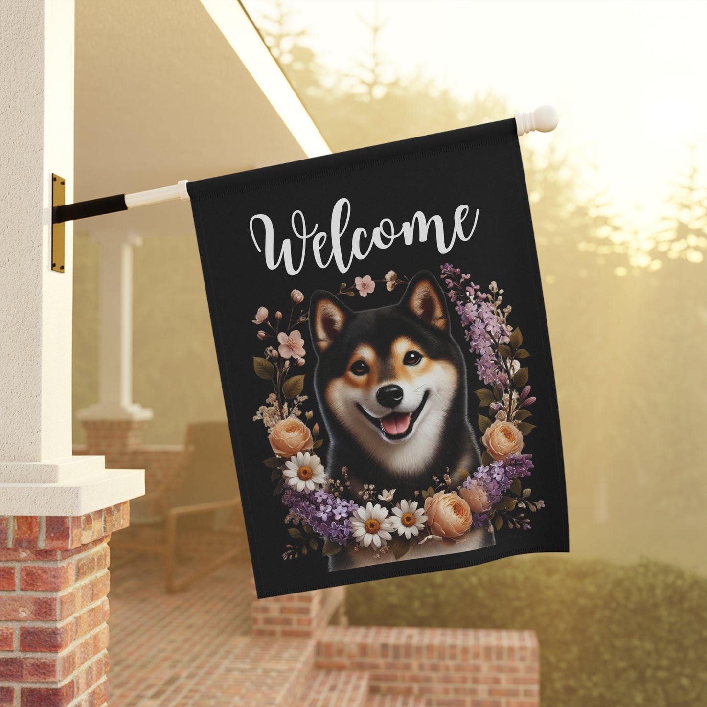 Shiba Inu "Welcome" Garden Flag – Spring Floral