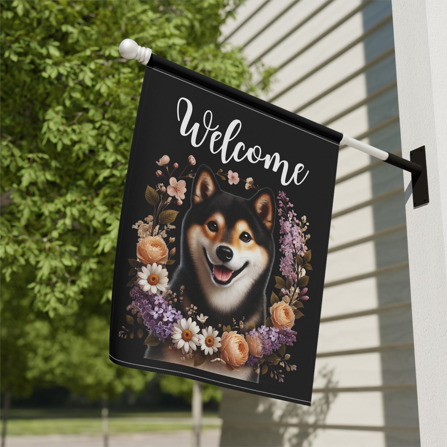 Shiba Inu "Welcome" Garden Flag – Spring Floral