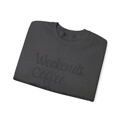 "Weekend. Coffee. & Dogs." - Your Cozy Trio Essentials! Women's Pullover Sweatshirt in (Dark Gray Text) Dark Heather