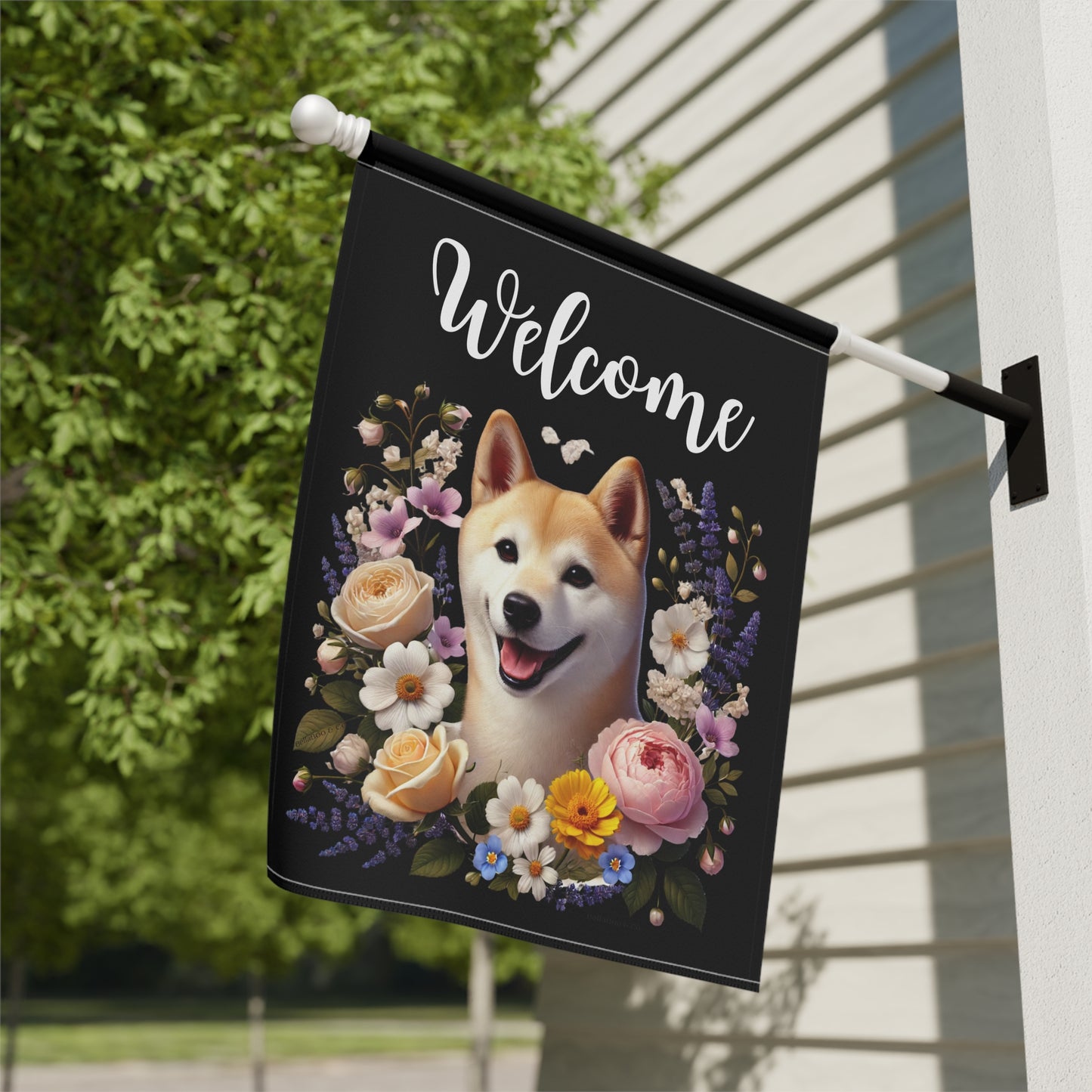 Shiba Inu "Welcome" Garden Flag – Spring Floral