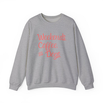"Weekend. Coffee. & Dogs." - Your Cozy Trio Essentials! Women's Pullover Sweatshirt in (Coral Text) Sport Gray