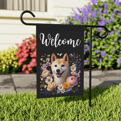 Shiba Inu "Welcome" Garden Flag – Spring Floral