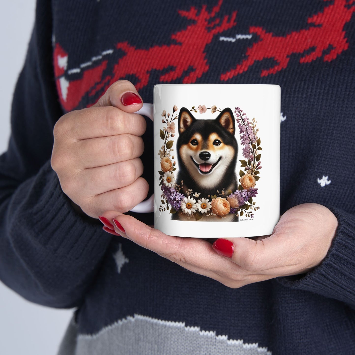 Spring Black & Tan Shiba Inu Floral Ceramic Mug