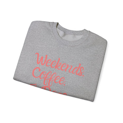 "Weekend. Coffee. & Dogs." - Your Cozy Trio Essentials! Women's Pullover Sweatshirt in (Coral Text) Sport Gray