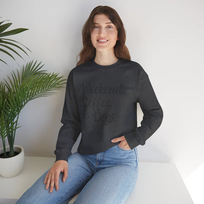 "Weekend. Coffee. & Dogs." - Your Cozy Trio Essentials! Women's Pullover Sweatshirt in (Dark Gray Text) Dark Heather
