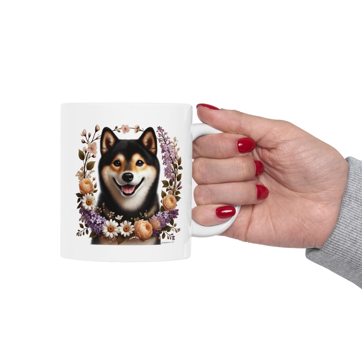Spring Black & Tan Shiba Inu Floral Ceramic Mug