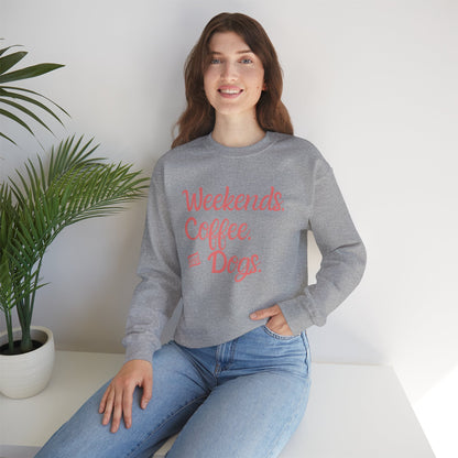 "Weekend. Coffee. & Dogs." - Your Cozy Trio Essentials! Women's Pullover Sweatshirt in (Coral Text) Sport Gray
