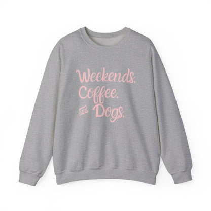 "Weekend. Coffee. & Dogs." - Your Cozy Trio Essentials! Women's Pullover Sweatshirt in (Pink Text) Sport Gray