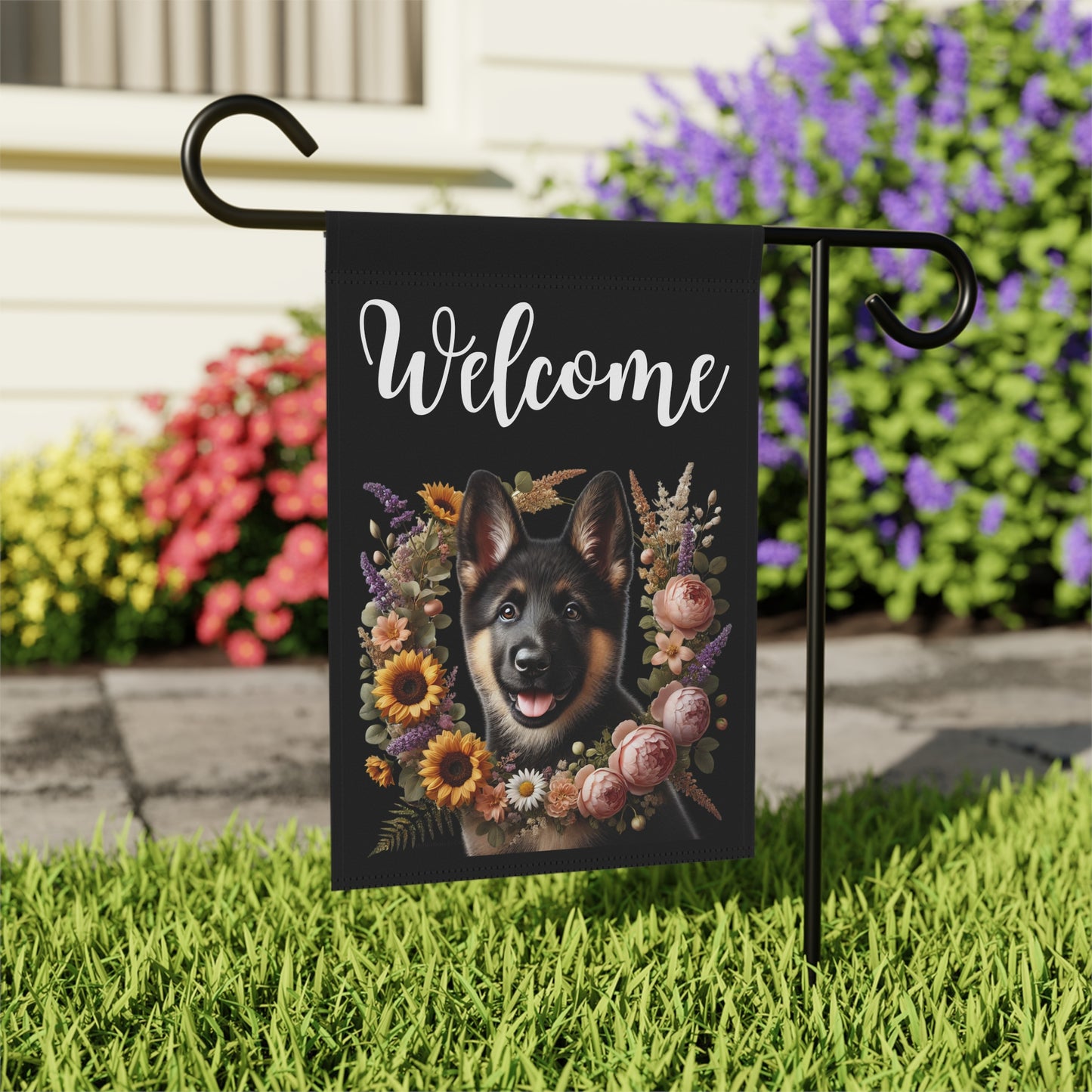 German Shepherd "Welcome" Garden Flag – Spring Floral