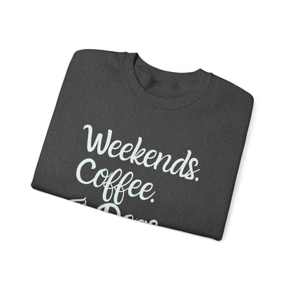 "Weekend. Coffee. & Dogs." - Your Cozy Trio Essentials! Women's Pullover Sweatshirt in (Teal Text) Dark Heather