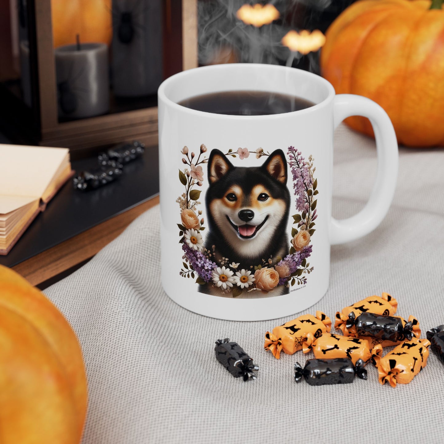 Spring Black & Tan Shiba Inu Floral Ceramic Mug