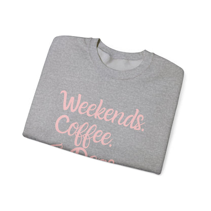"Weekend. Coffee. & Dogs." - Your Cozy Trio Essentials! Women's Pullover Sweatshirt in (Pink Text) Sport Gray