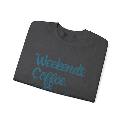 "Weekend. Coffee. & Dogs." - Your Cozy Trio Essentials! Women's Pullover Sweatshirt in (Dark Teal Text) Dark Heather