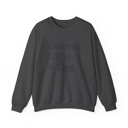 "Weekend. Coffee. & Dogs." - Your Cozy Trio Essentials! Women's Pullover Sweatshirt in (Dark Gray Text) Dark Heather