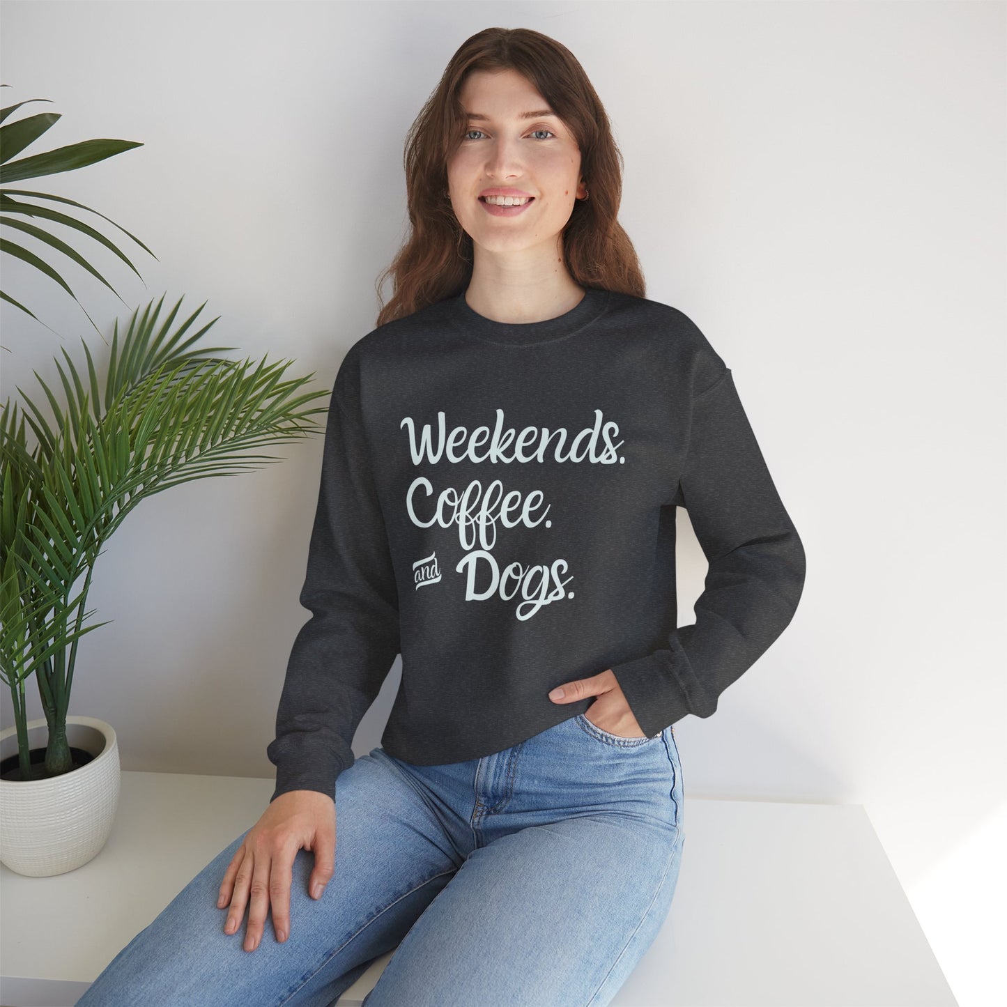 "Weekend. Coffee. & Dogs." - Your Cozy Trio Essentials! Women's Pullover Sweatshirt in (Teal Text) Dark Heather
