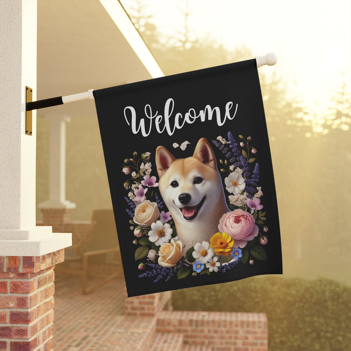 Shiba Inu "Welcome" Garden Flag – Spring Floral