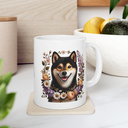 Spring Black & Tan Shiba Inu Floral Ceramic Mug