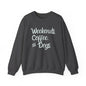 "Weekend. Coffee. & Dogs." - Your Cozy Trio Essentials! Women's Pullover Sweatshirt in (Teal Text) Dark Heather